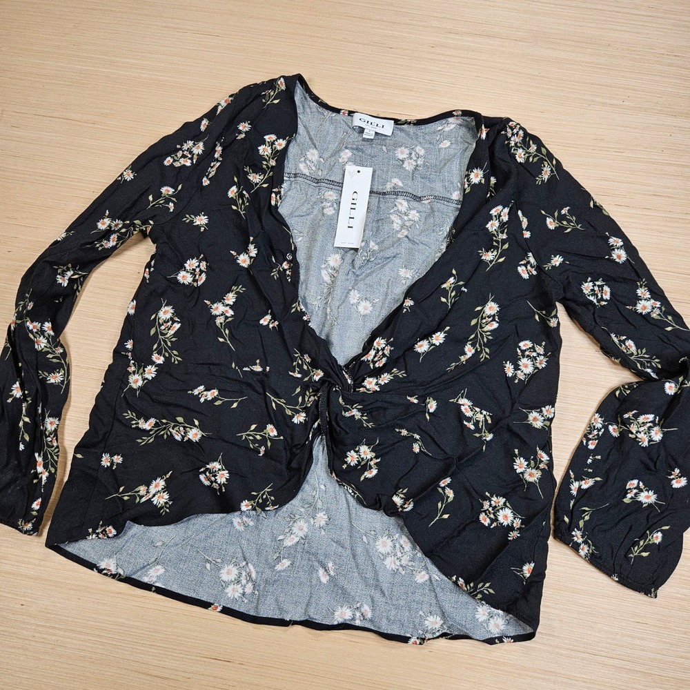 Gilli Floral Wrap Top Women L Black Long Sleeve‎ Knot Front Daisy Print NEW